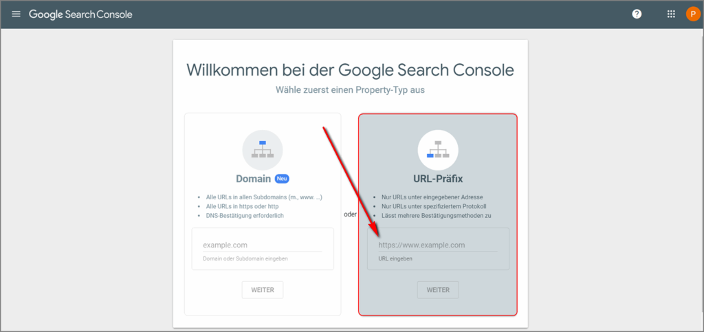 Auswahl des Verifizierungsverfahren bei Google Search Console