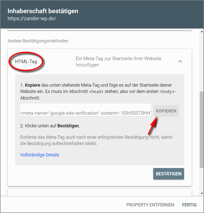 Den HTML-Tag kopieren um in in das Plugin All in One SEO einzutragen