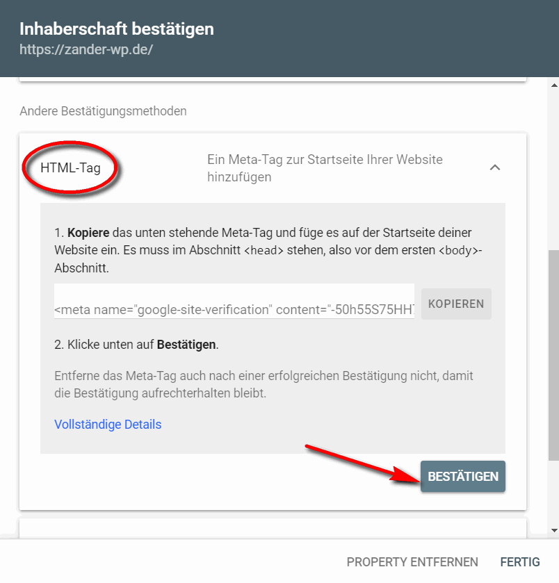 Verifizierung in der Google Search Console abschließend bestätigen