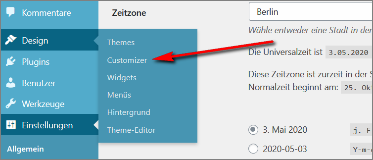 So erreichst du den Customizer im WP Theme Twenty Twenty.