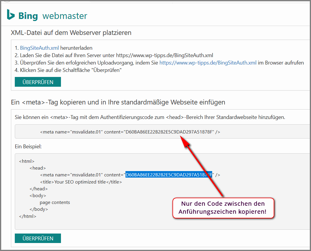 Zur Indexierung bei Bing ist die Verifizierung mit einem <meta>-Tag möglich. Der Verifizierung Code wird im Plugin All in One SEO eingetragen. Und anschließend überprüft.