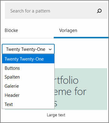 Auswahlfenster der Block Patterns im WordPress Theme 20-21