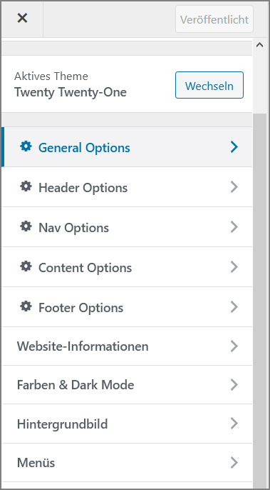 Der Customizer wird erweitert durch das Plugin "Options for Twenty Twenty-One".