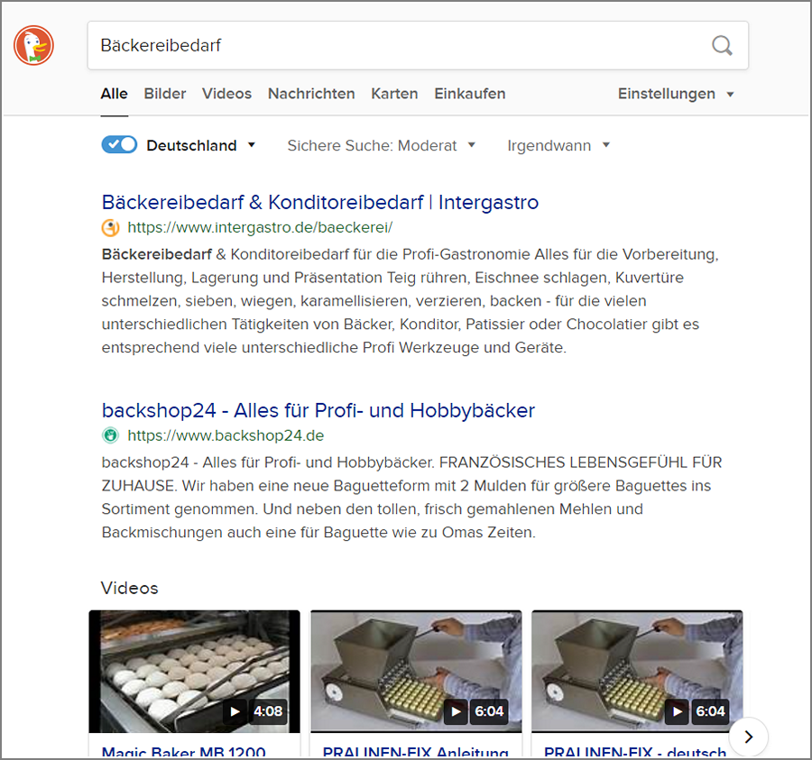 Eine SERP von DuckDuckGo zum Thema SEO für Anfängerinnen