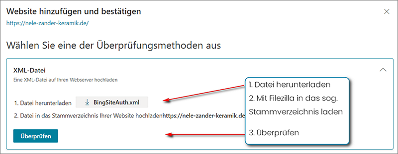 BingSiteAuth.xml herunterladen und im Stammverzeichnis deiner Website ablegen, um die Inhaberschaft bei Bing zu überprüfen.