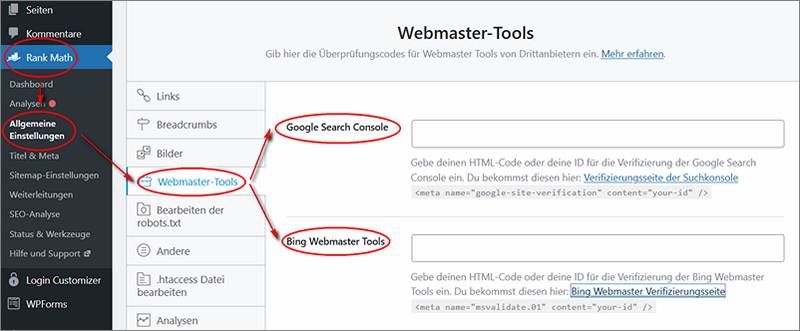 Beispiel für die das RankMath Webmastertool um den Bing Authentifizierungs-Code einzutragen.