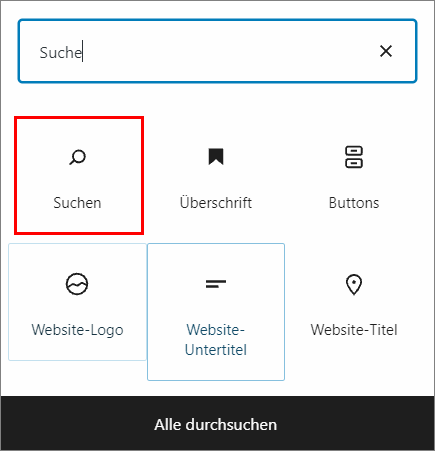 WordPress Block Suchen im Blockeditor auswählen