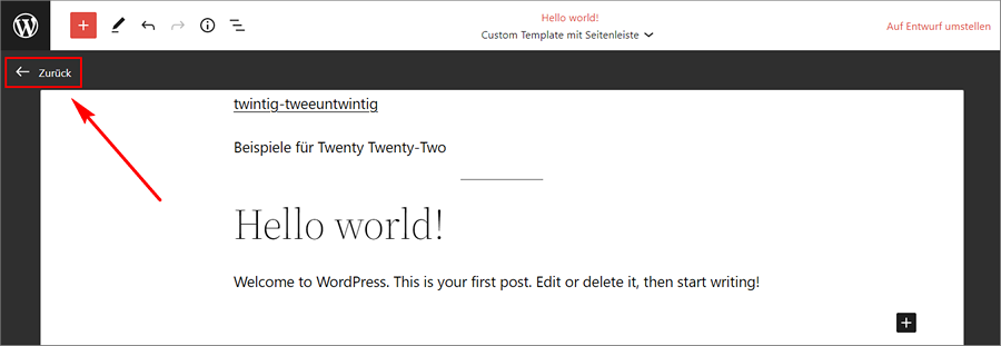 Auf "Zurück" klicken um in den Template-Editor zu gelangen