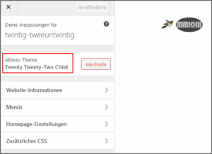 Customizer im Child Theme durch Code-Snippet in der functions.php