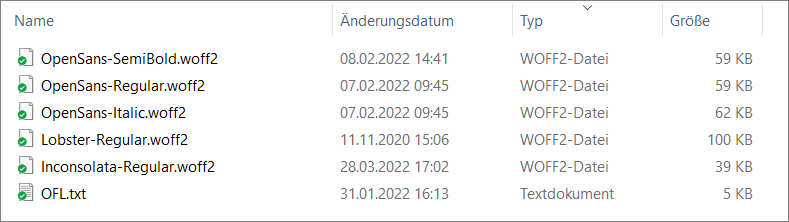 Die Schriftarten als woff2 Dateien im Ordner lokale_fonts