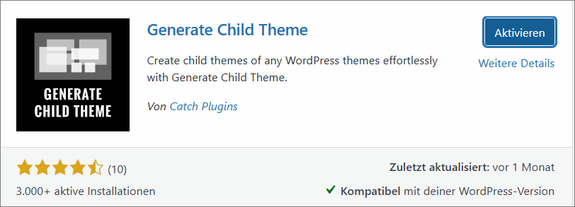 Das Plugin "Generate Child Theme" im Plugin-Verzeichniss