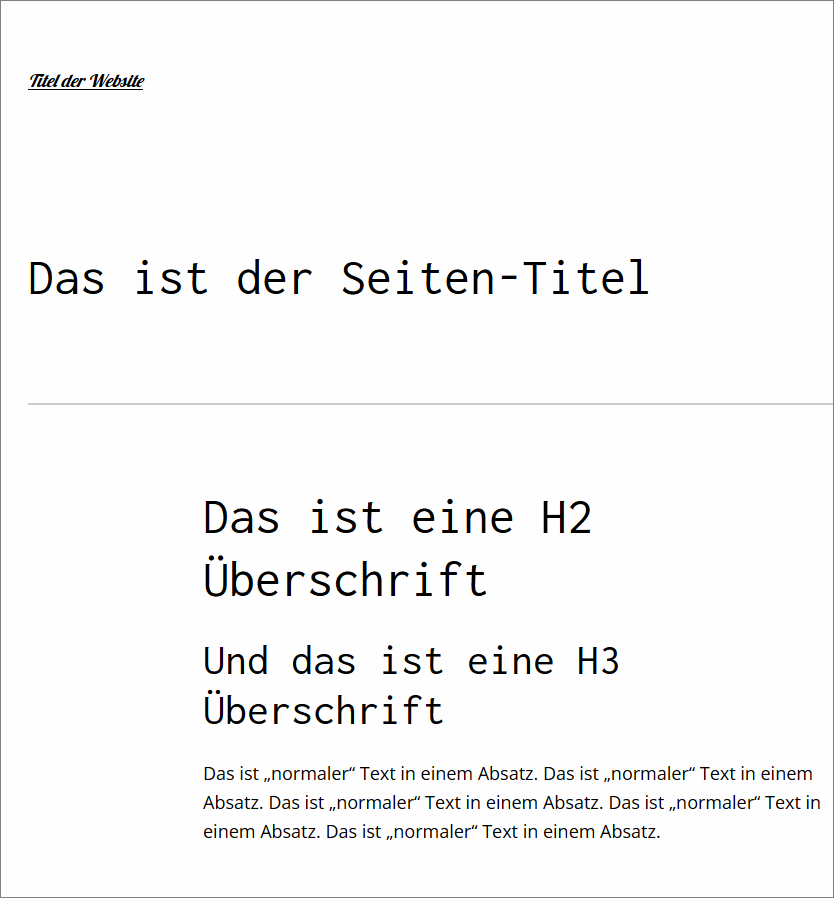 TT2 mit den neuen Fonts beim Website-Title, Überschrift und Text