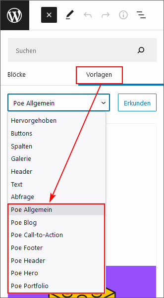 Auswahlfenster für die Vorlagen