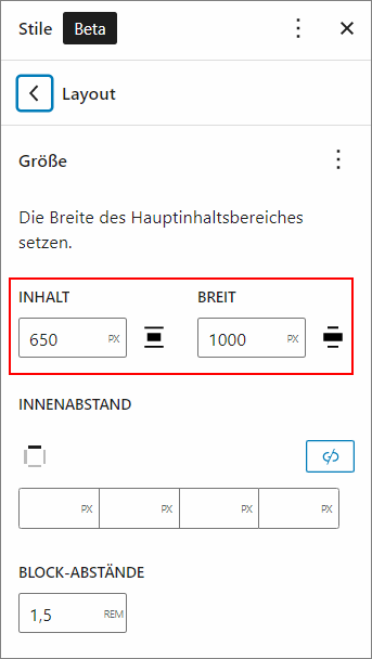 Screenshot von der Einstellung "Inhalt" und "Breit"