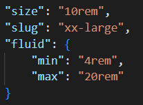 Sreenshot der theme.json für "fonSizes" xx-large