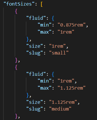 Scrennshot von der theme.json zu fluid-font-sizes