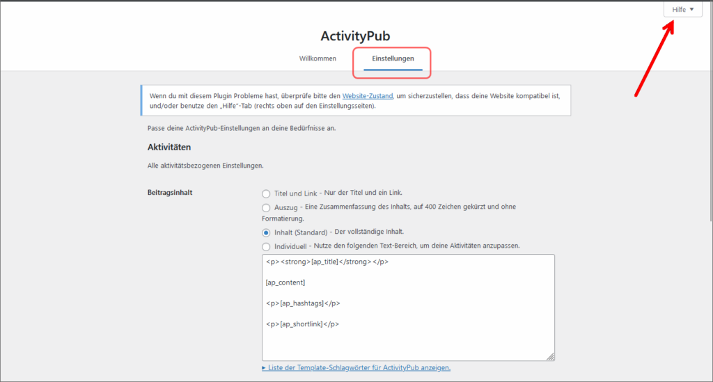 In den Einstellungen zu ActivityPub findest Du oben rechts die Hilfe. Siehe roter Pfeil.