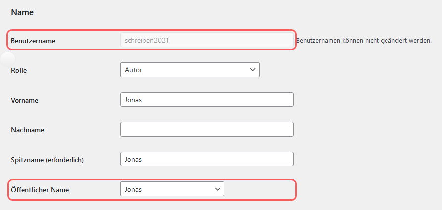 Der WordPress Benutzername und der öffentliche Name aus dem WordPress Backend.