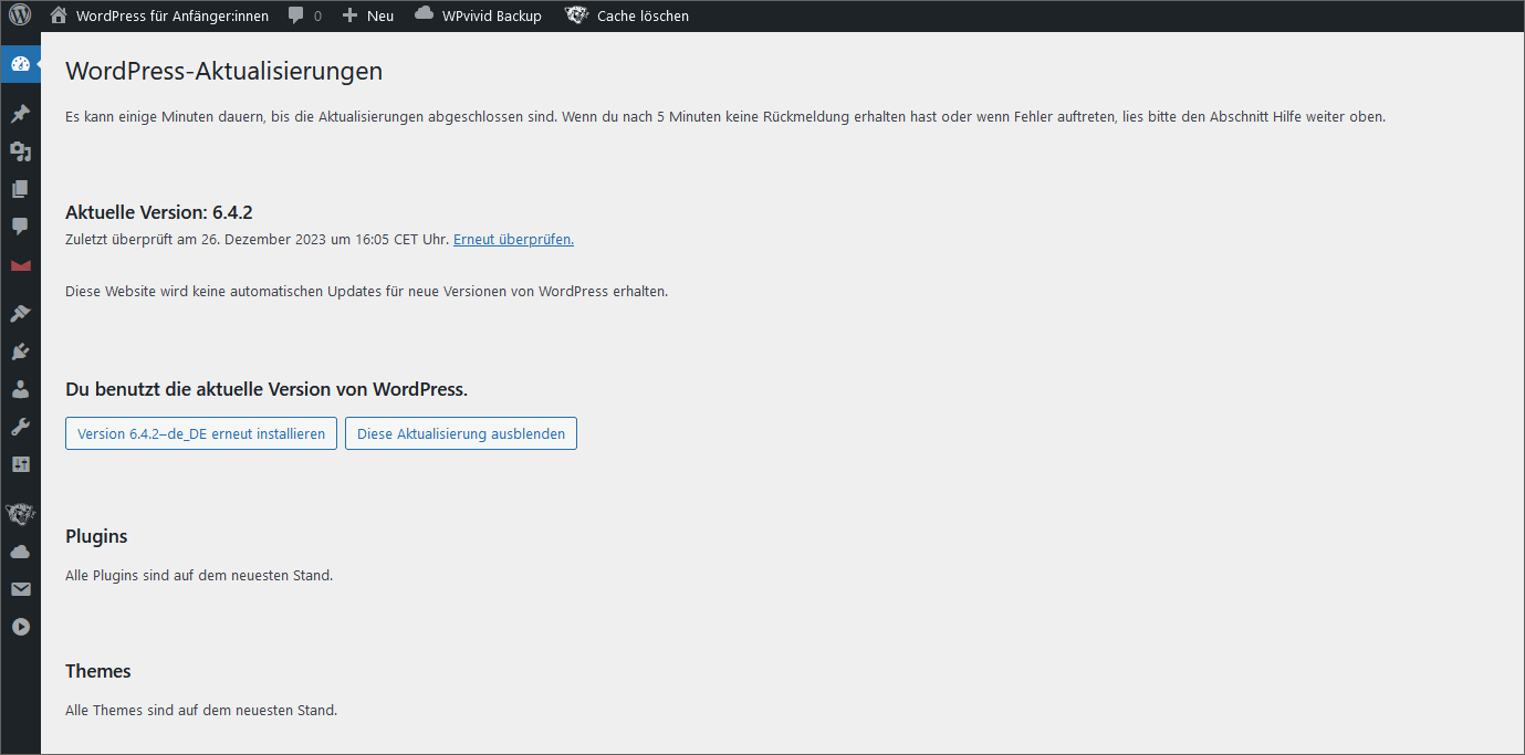 Screenshot vom WordPress Backend mit der Aktualisierungs-Ansicht