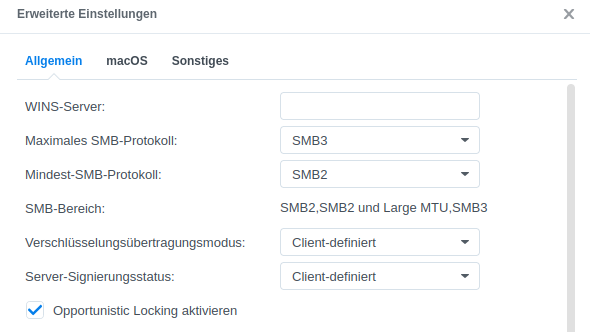 Der Screenshot zeigt die erweiterte Einstellung der SMB‑Dateidienste in der Synology NAS.