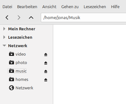 Screenshot des Datei-Explorers mit den eingebundenen Synology-NAS Ordnern video, photo, music und homes.